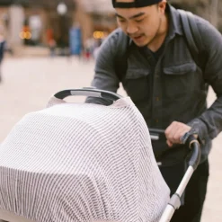 Cotton Muslin Car Seat Canopy - Grey Stripe