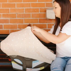 Cotton Muslin Car Seat Canopy - Taupe Cross