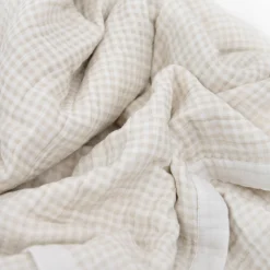Cotton Muslin Quilted Throw - Tan Gingham